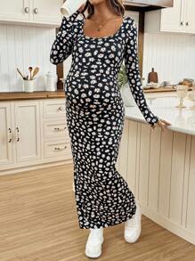 SHEIN Abito lungo aderente casual con stampa floreale ditsy per gravidanza - nero - Visualizzare 7
