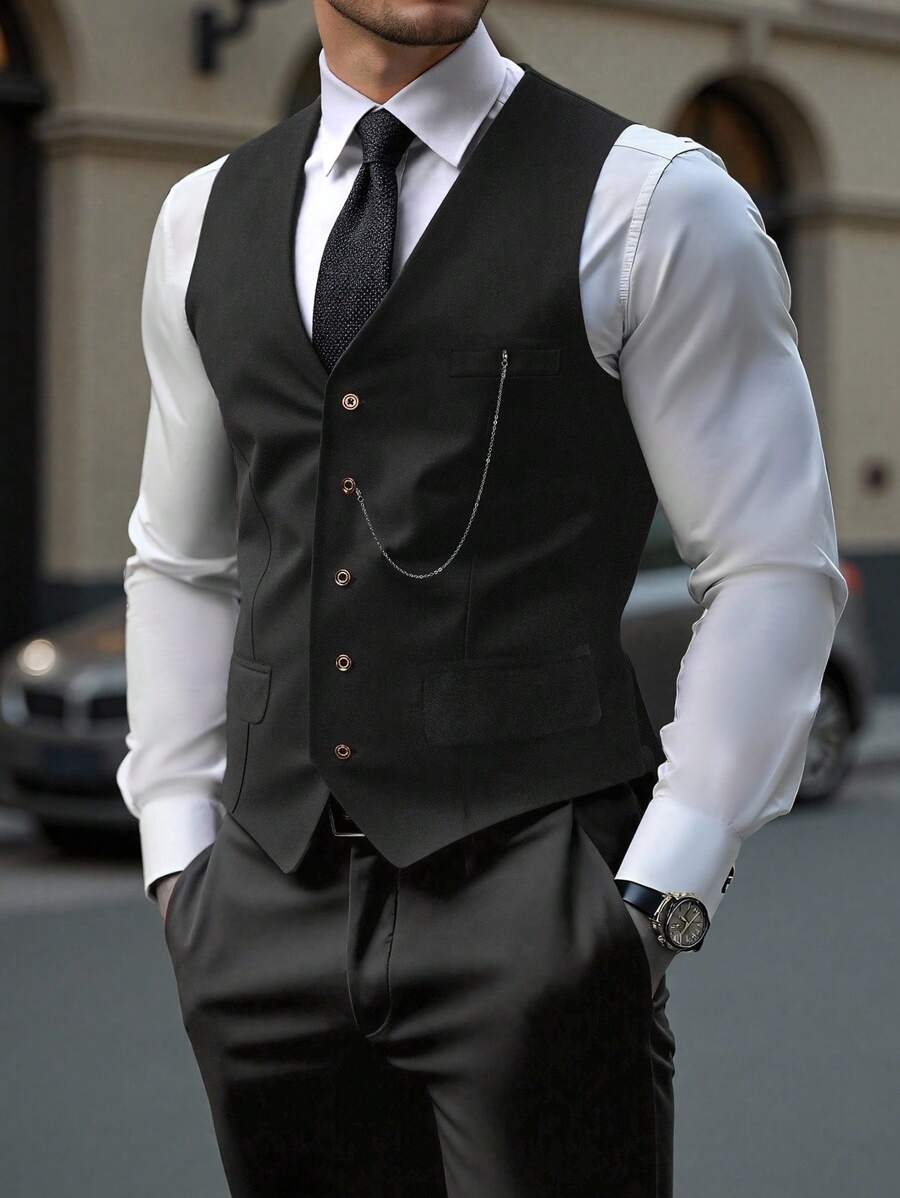 Manfinity Mode Acessório de decoração com corrente combinando da moda masculina, conjunto de terno casual masculino para uso diário, combinando com colete - Preto - Ver 1