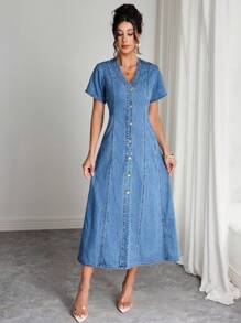 Elenzga 女式休闲水洗前扣牛仔连衣裙，夏季 - 淺色水洗藍 - 查看 3