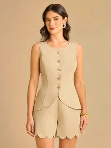 CAJUNI Blusa de mujer sin mangas con decoración de estrella de mar metálica en color albaricoque, top beige para mujer, top neutro para mujer, top con botones, top sin mangas para mujer, top casual de negocios para mujer, ropa de otoño para mujer - Caqui - Ver 3