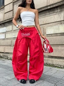 Coolane 女士夏季街头休闲装，带有独特的带子细节和编织面料的长红色裤子 - 紅色 - 查看 6