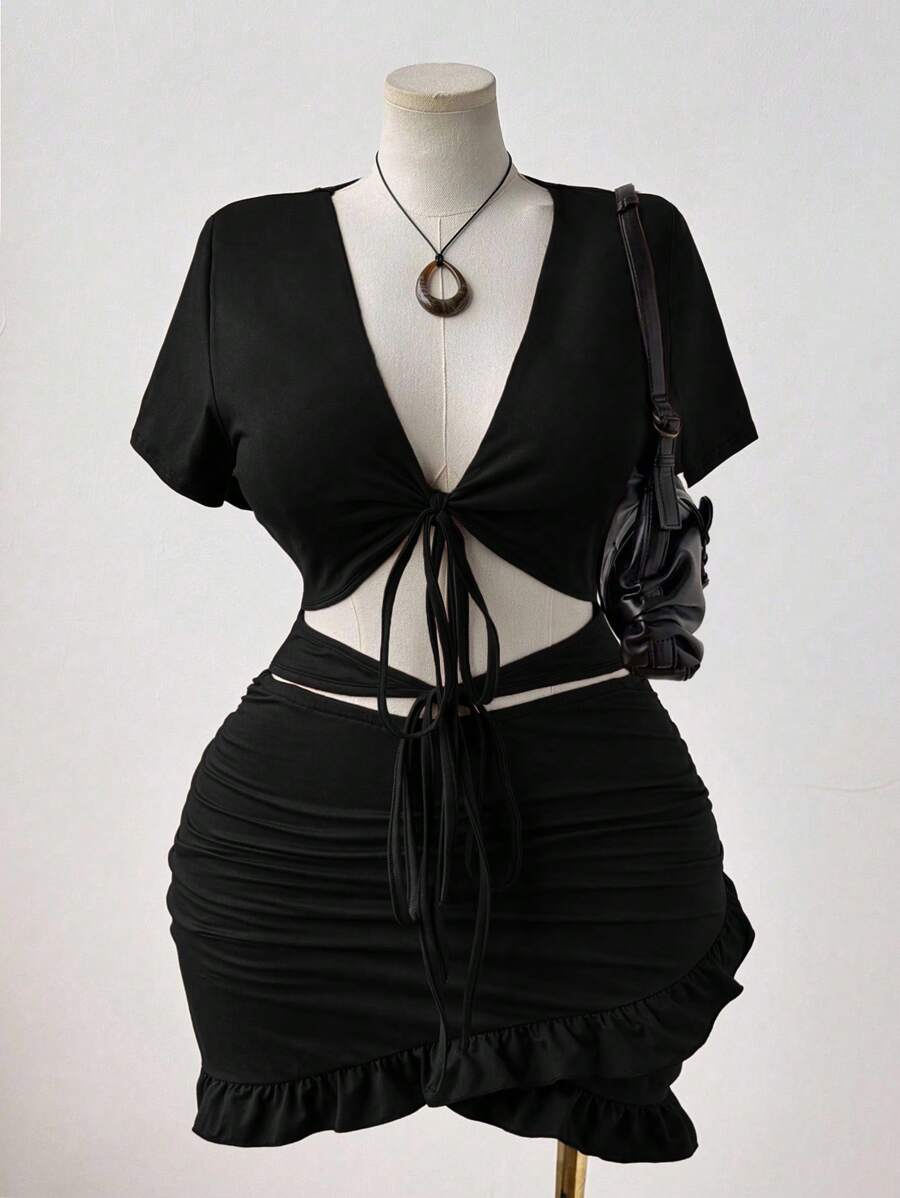 Sweetra Plus Size Women's Sexy V-Neck Tie-Up Ruched Waist Hollow Out Bodycon Dress - Black - View 1