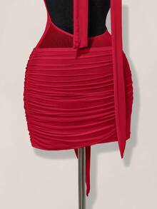 SHEIN ICON Women's Red Sheer Deep Draped Neck Ruched Tie Waist Backless Bodycon Mini Dress Draped Dress,Party Dresses For Women,Dresses For Women Party - Red - View 8