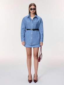 Selenza 女式落肩长袖单排扣口袋休闲牛仔衬衫 - 中等水洗藍 - 查看 10