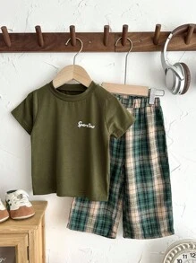 SHEIN 2pcs Baby Boy Toddler Newborn 0-3 Years Old Casual Long Sleeve T-Shirt + Plaid Pants Set, Suitable For Autumn/Winter And All Seasons