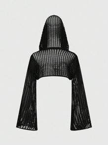 ROMWE Grunge Punk Women's Y2K Versatile Mesh Hollow Long Sleeve Hooded Sweater - Black - View 2