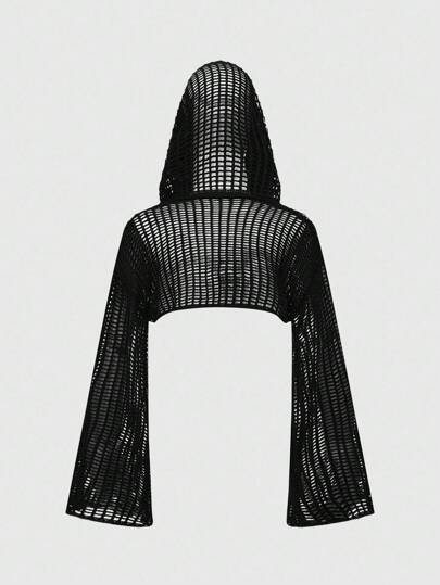Grunge Punk Women's Y2K Versatile Mesh Hollow Long Sleeve Hooded Sweater