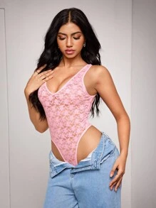 Bộ đồ liền thân hở lưng cổ chữ V thêu ren hoa lãng mạn, đi chơi - Hồng - Xem 4