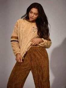 Women 2pcs Colorblock Striped Star Embroidered Long Sleeve Top & Fleece Pants Lounge Set Cozy Outfit, Fall/Winter Clothes - Multicolor - View 5