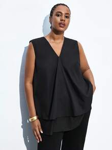 Maija 大码女式纯色V领双下摆宽松无袖休闲衬衫