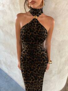 Aloruh 女士优雅性感棕色豹纹渐变金属扣装饰镂空紧身弹力连衣裙，优雅约会，渐变色连衣裙，适合秋冬、派对 - 白色 - 查看 4