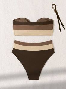 SHEIN Swim Damski biustonosz typu bandeau z blokami kolorów i dół do pływania seksowny komplet bikini kostium kąpielowy na wakacyjną letnią plażę