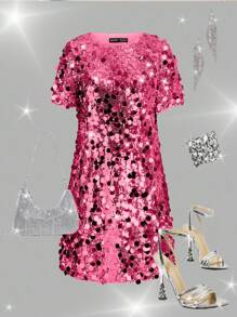 Ellevyn Silver Sequins Decor Belted Cocktail Dress, Suitable For Date Night, Party, Wedding