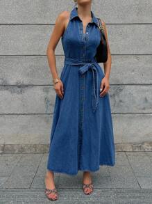 DAZY 女士休闲水洗牛仔无袖系带领连衣裙 夏季女装连衣裙 - 中等水洗藍 - 查看 5