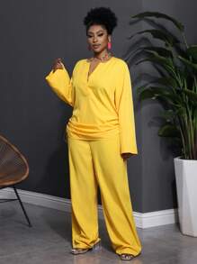 Slaydiva 两件套加大码女式西式休闲纯色深V领长袖上衣和长裤套装 - 黃色 - 查看 5