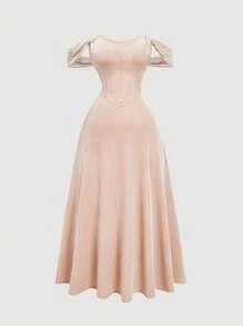 SHEIN MOD 大码浪漫卡其色仿鱼骨设计单肩连衣裙、晚宴服、正式礼服、舞会礼服、酒红色长裙、伴娘礼服、天鹅绒礼服、返校节礼服、文艺复兴礼服、复古礼服、新年、情人节、紧身胸衣礼服 - 卡其色 - 查看 1