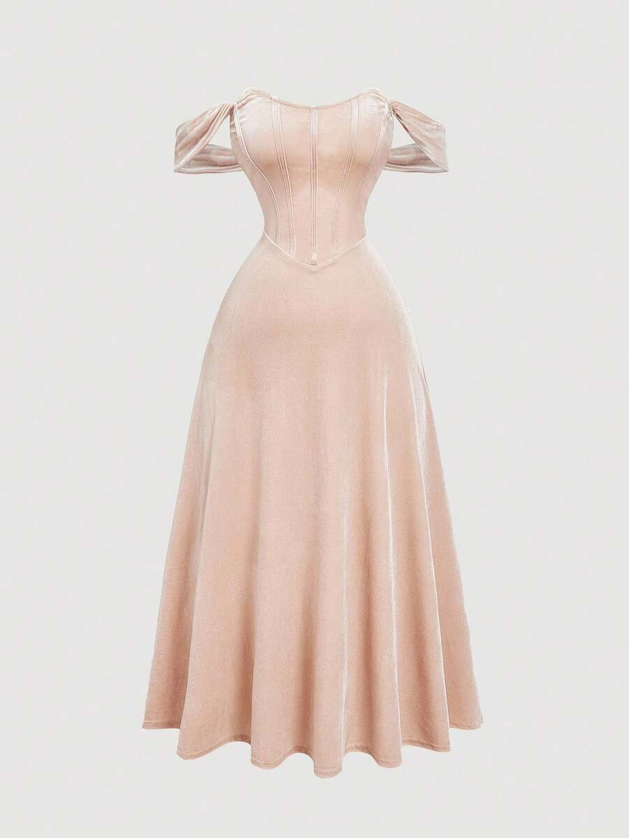 SHEIN MOD 大码浪漫卡其色仿鱼骨设计单肩连衣裙、晚宴服、正式礼服、舞会礼服、酒红色长裙、伴娘礼服、天鹅绒礼服、返校节礼服、文艺复兴礼服、复古礼服、新年、情人节、紧身胸衣礼服 - 卡其色 - 查看 1