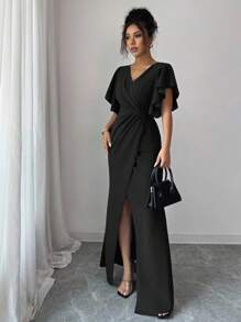 Elenzga Ruffled Sleeve V-Neck Waist Fitted Mermaid Hem Elegant Romantic Women Dress - Black - View 4