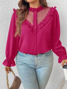 SHEIN Frenchy Plus PEPLUM Lace Patchwork Contrast Mesh Ruffle Trim Flounce Sleeve Ruffle Trim Button Front Blouse - Hot Pink - View 5