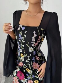 Elenzga Váy dài tay thêu hoa thanh lịch mùa thu dành cho nữ, phù hợp cho lễ tốt nghiệp, hẹn hò, bó eo, tôn dáng - Nhiều màu - Xem 3