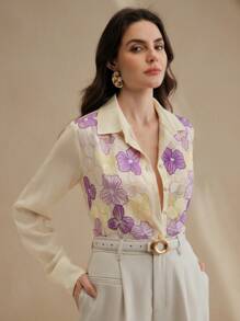 Anewsta Áo dài tay màu be thêu mới dành cho nữ, áo thanh lịch - Màu tím - Xem 4