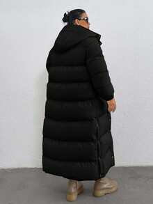 EURMUSE Keep Warm Feature, Maxi Lenght, Side Popper Detailed Puffer Winter Coat - Black - View 2