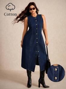 Elaquor 加大码深蓝色牛仔连衣裙无袖背心长裙金属纽扣装饰复古风格商务休闲装女装 - 深色水洗藍 - 查看 1