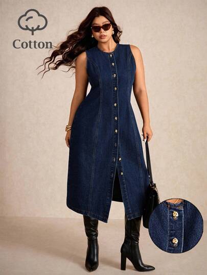 Elaquor Vestido largo de mezclilla azul oscuro sin mangas con decoración de botones metálicos, estilo de dinero antiguo, atuendo casual de negocios para mujer de talla grande