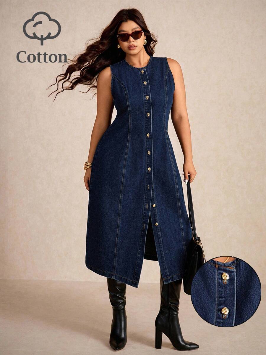 Elaquor 加大码深蓝色牛仔连衣裙无袖背心长裙金属纽扣装饰复古风格商务休闲装女装 - 深色水洗藍 - 查看 1