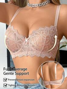 SHEIN 1 Áo ngực có gọng viền ren màu trơn dành cho nữ - Màu be - Xem 5