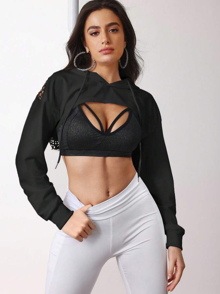 Menodora SHEIN Sport Drop Shoulder Drawstring Hollow Out Super Crop Sports Sweatshirt Without Cami Top Cropped Sweatshirt - Black - View 7