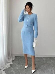 Elenzga Femei toamna/iarna nou guler rotund mânecă lungă scurt blană artificială de nurcă buzunar moale nasture metalic design high-end elegant cardigan tricotat fustă set 2 piese