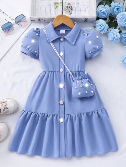 Elladie kids Young Girl' Solid Color Collar Puff Sleeve Cardigan Summer Cute Dress With Mini Bag Back To School School Clothes