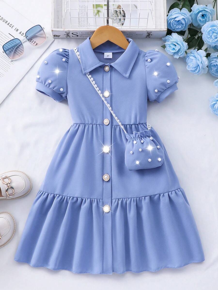 Elladie kids 年轻女孩纯色领泡泡袖开衫夏季可爱连衣裙配迷你包