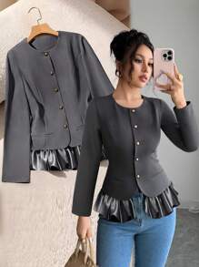 Selianne Women's Elegant Gold Button Ruffle Patchwork Long Sleeve Waist Fitted Thin Blazer,Autumn Office Business Casual Vintage Style Back To School Jacket - Grey - View 1