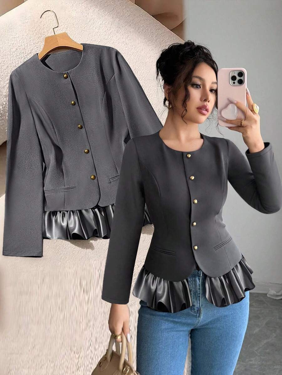 Selianne Women's Elegant Gold Button Ruffle Patchwork Long Sleeve Waist Fitted Thin Blazer,Autumn Office Business Casual Vintage Style Back To School Jacket - Grey - View 1