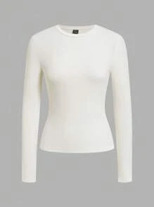 SHEIN EZwear 2 件女士休闲圆领修身长袖 T 恤套装，罗纹面料，百搭，适合秋冬季