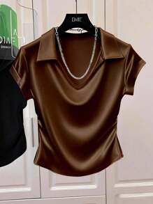 Franclia Women's Casual Solid Color Satin Shiny T-Shirt Maillard Style Summer Brown Clothes For University - Brown - View 3