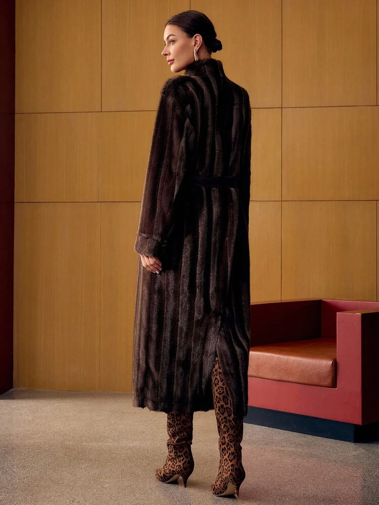 STAND COLLAR BELTED FAUX FUR COAT