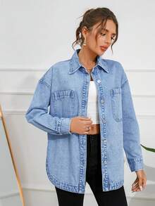 Selenza 女式落肩长袖单排扣口袋休闲牛仔衬衫 - 中等水洗藍 - 查看 3