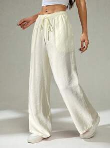 SHEIN PETITE Pantalon décontracté ample et ample à taille basse de couleur unie rose mignon pour l'été, avec lien à la taille, pour porter au quotidien - Blanc - Voir 5