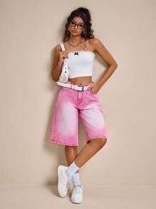 SHEIN Tall 女式休闲做旧拉链口袋宽松牛仔短裤，夏季 - 粉色 - 查看 5