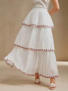 Anewsta 女装春夏拼搏波西米亚重工刺绣橡筋荷叶边白裙 - 白色 - 查看 7