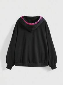 ROMWE J-Fashion Zebra Print Patchwork Black Rhinestone Decor Loose Fit Star Graphic Oversized Sweatshirt - Black - View 2