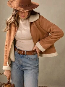 Wildy 波西米亚风秋冬新款休闲美式乡村风绒面短款棕色女式外套秋季夹克秋季外出 - 棕色 - 查看 1