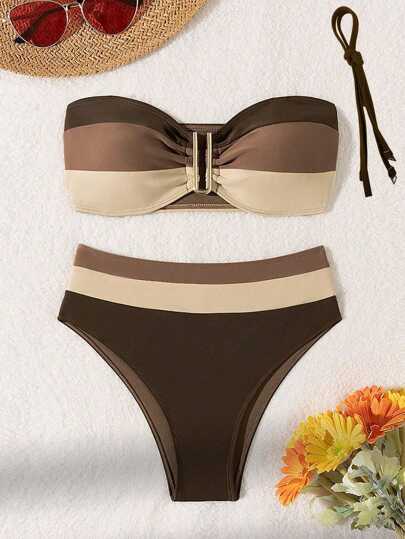 SHEIN Swim Women's Color-Block Bandeau Bra & Swim Bottom Sexy Bikini Set Bathing Suit For Holiday Summer Beach