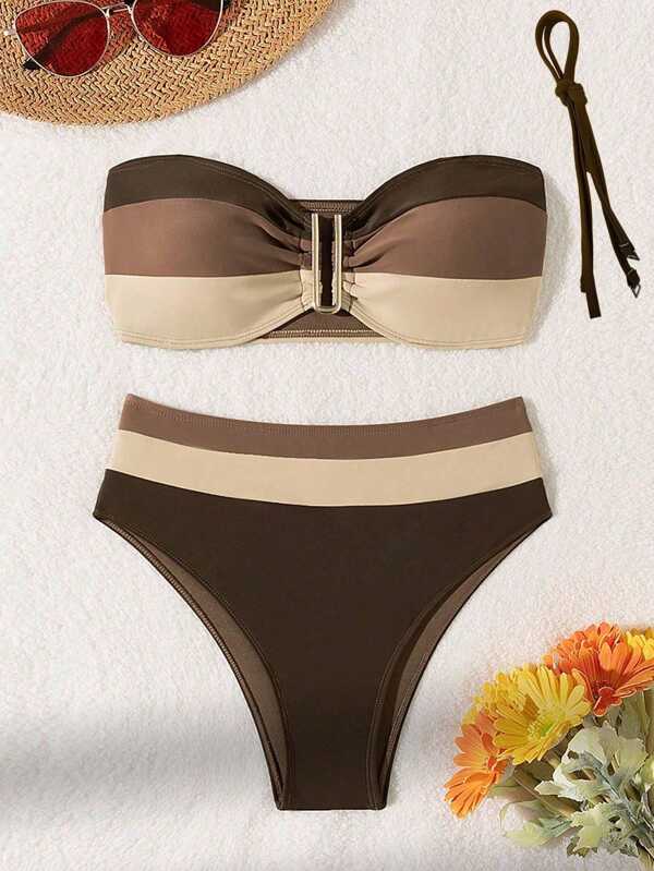 SHEIN Swim חזיית בנד בלוק צבעוני לנשים ותחתית שחייה סקסית סט בגד ים בגד ים לחג קיץ בחוף