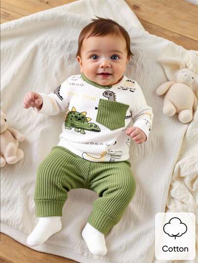 SHEIN Newborn Male Baby White Pit Pattern Cartoon Dinosaur Pattern Print Splicing Green Pocket Long Sleeved Top With Green Pants Two Pieces Set Cute Casual Sports Fashion New Item