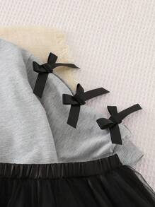 SHEIN Young Girl Fashion Bow Decor Sweatshirt Paired With Tulle Puff Mini Skirt, Elegant, Suitable For Parties And Daily Wear - Light Grey - View 5