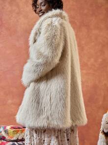 EURMUSE Women's Solid Color Lapel Long Sleeve Loose Faux Fur Jacket - Beige - View 2
